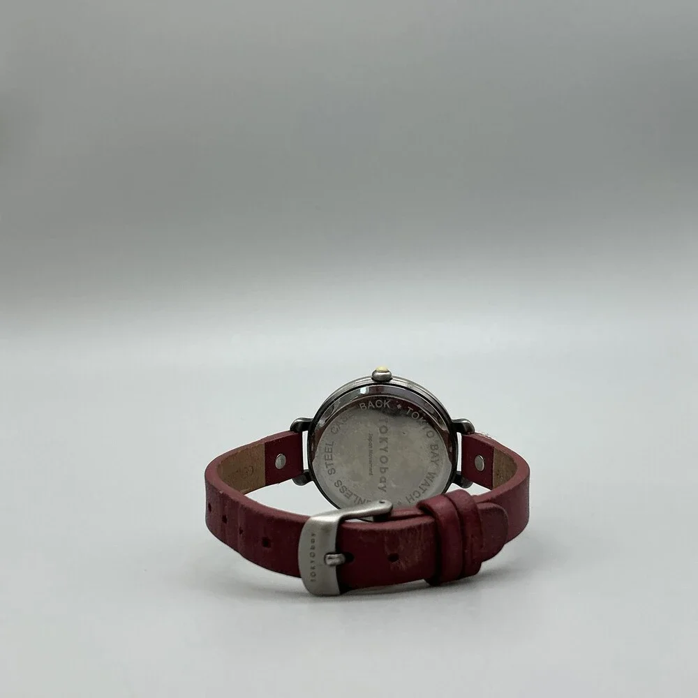 TOKYObay Womens Watch 35mm Silver Tone Cream Dial Red Leather Band New Battery